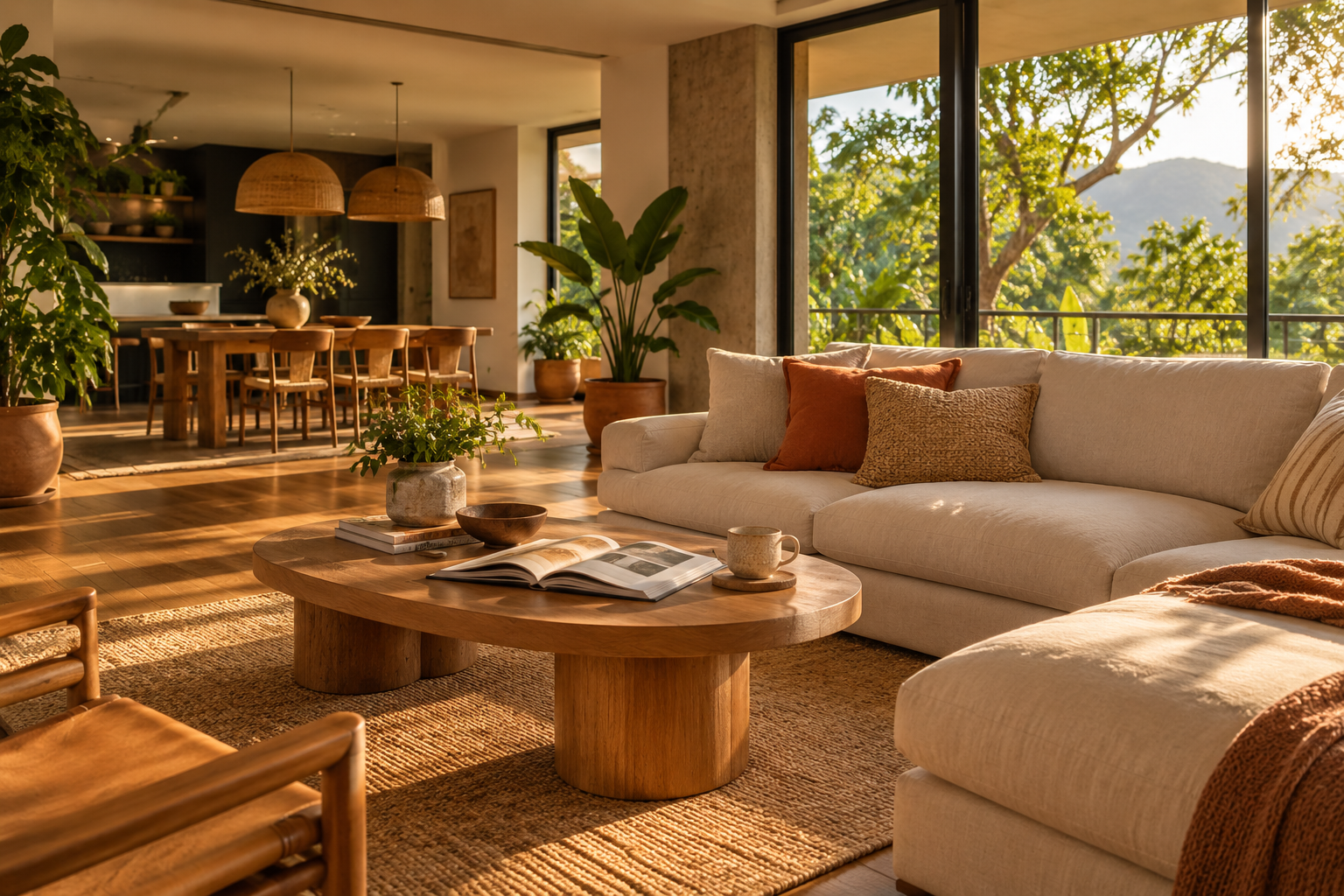 Sala acogedora con luz natural, madera y plantas